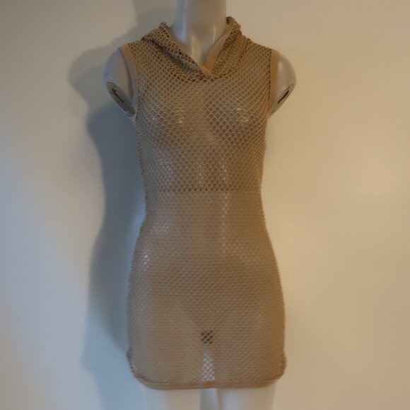 Womens W Swim Tan Fishnet Hooded Swim Cover-Up Dress M - Picture 1 of 9
